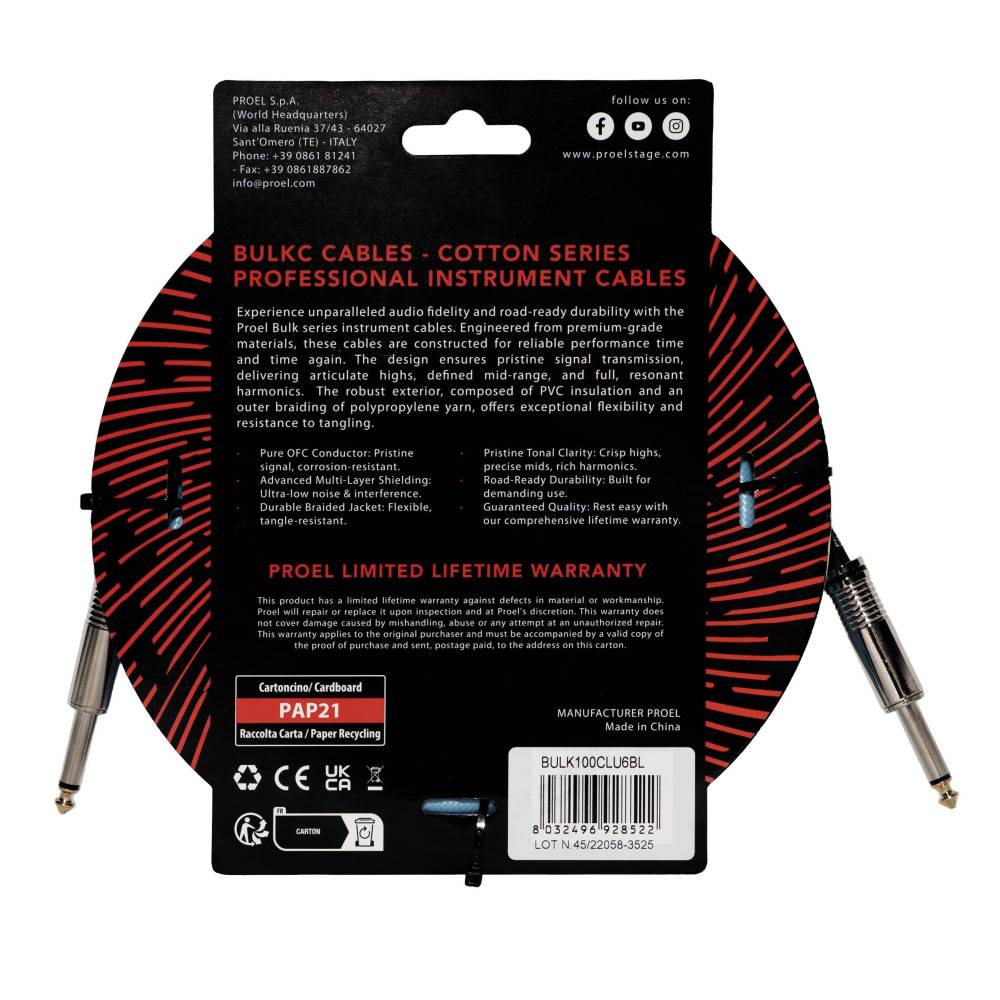 Proel BulkC Cotton Series Instrument Cable - Light Blue 6m