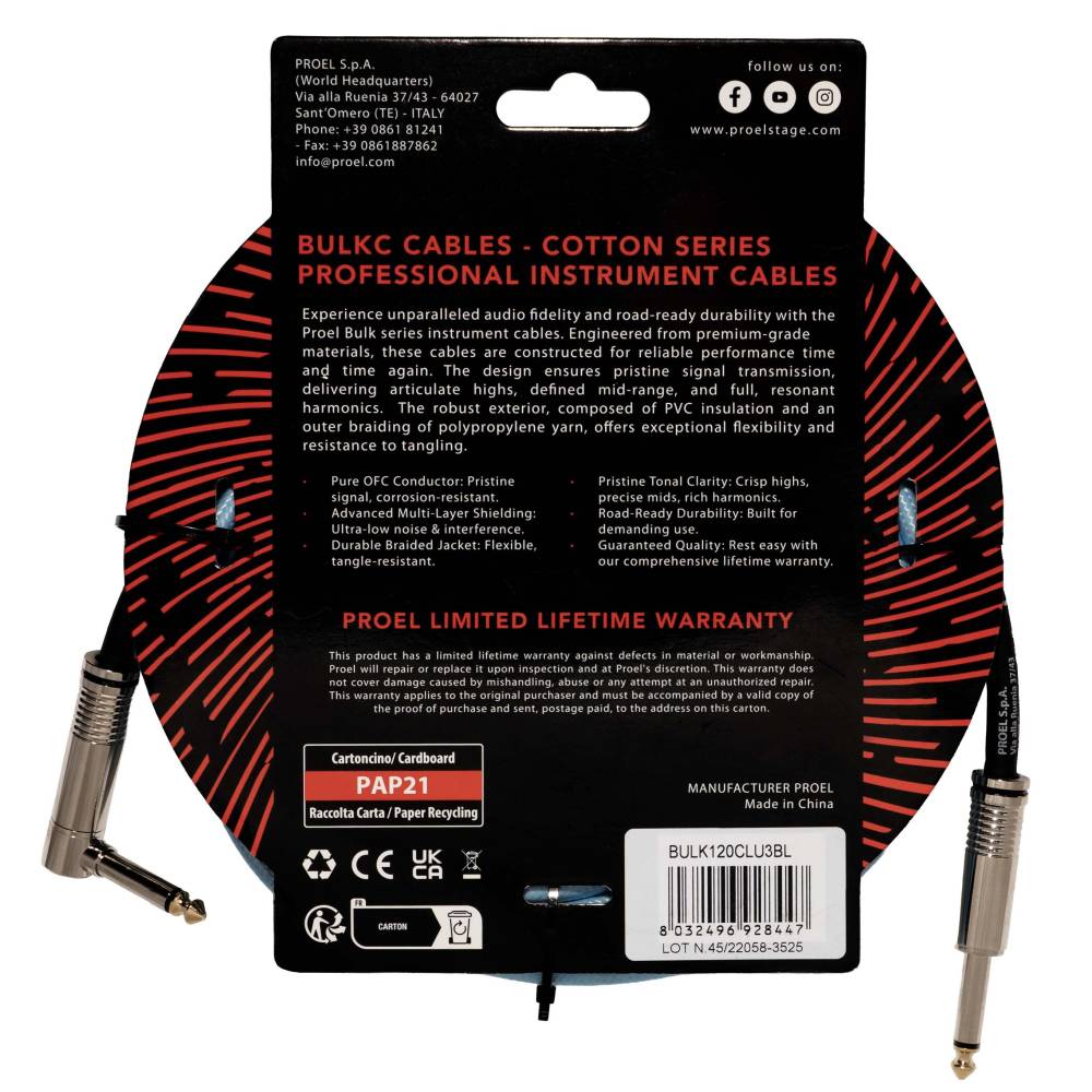 Proel BulkC Cotton Series Instrument Cable - Light Blue 3m
