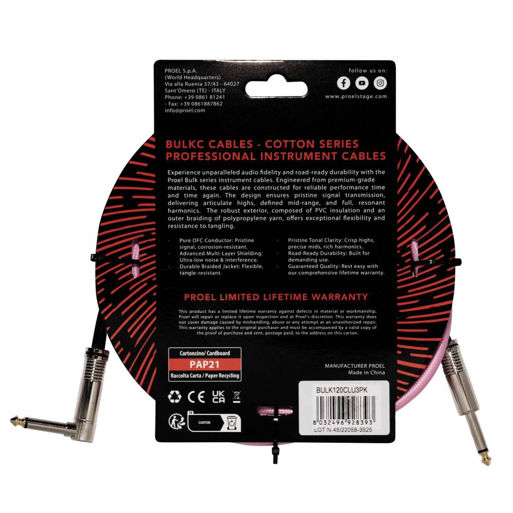 Proel BulkC Cotton Series Instrument Cable - Pink 3m