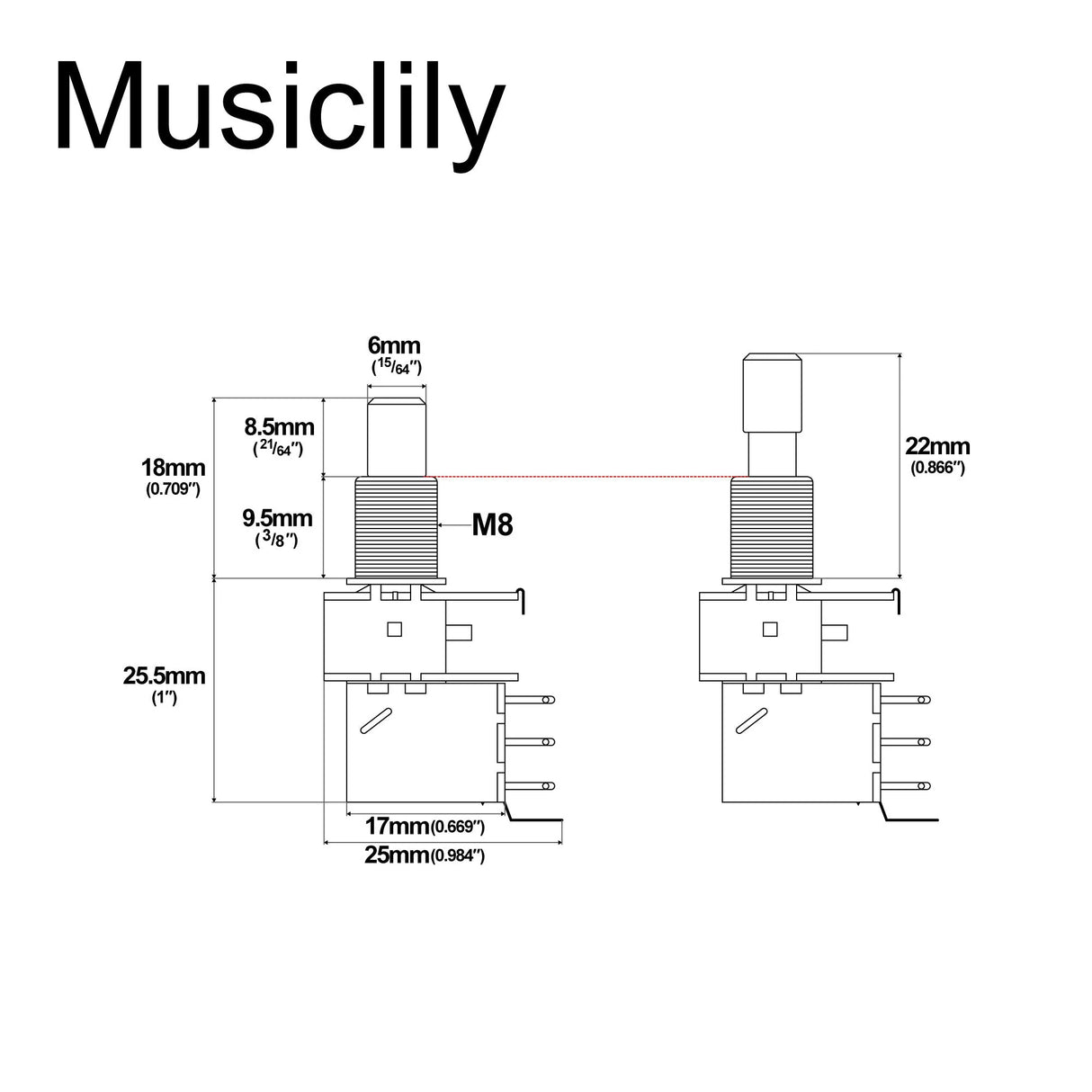Musiclily Pro Push Pull Audio (Log) Medium Solid Shaft 500k Pot