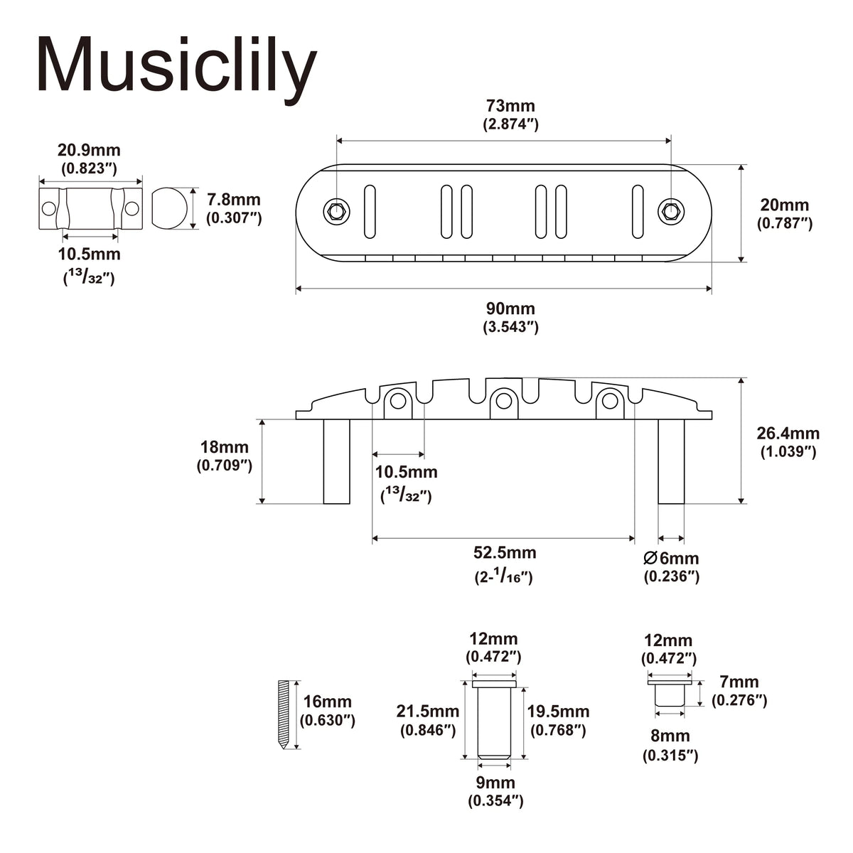 Musiclily Ultra BJ004 52.5mm Offset Bridge with Solid Brass Saddles for Jazzmaster Jaguar Style Guitars