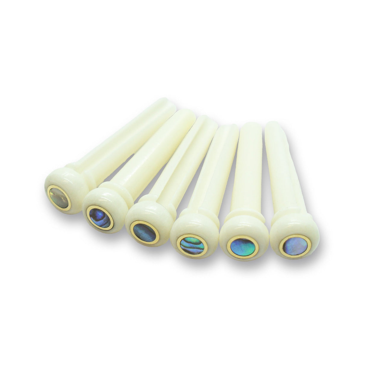 Bone Bridge Pins x6 (Bleached, Large Abalone Dot & Brass Ring) - Parts - WM Guitars