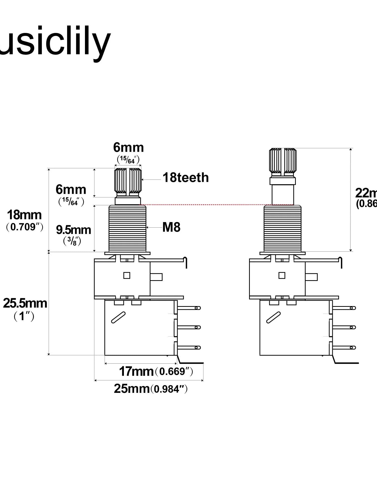Musiclily Pro Push Push Audio (Log) Medium Split Shaft 250k Pot