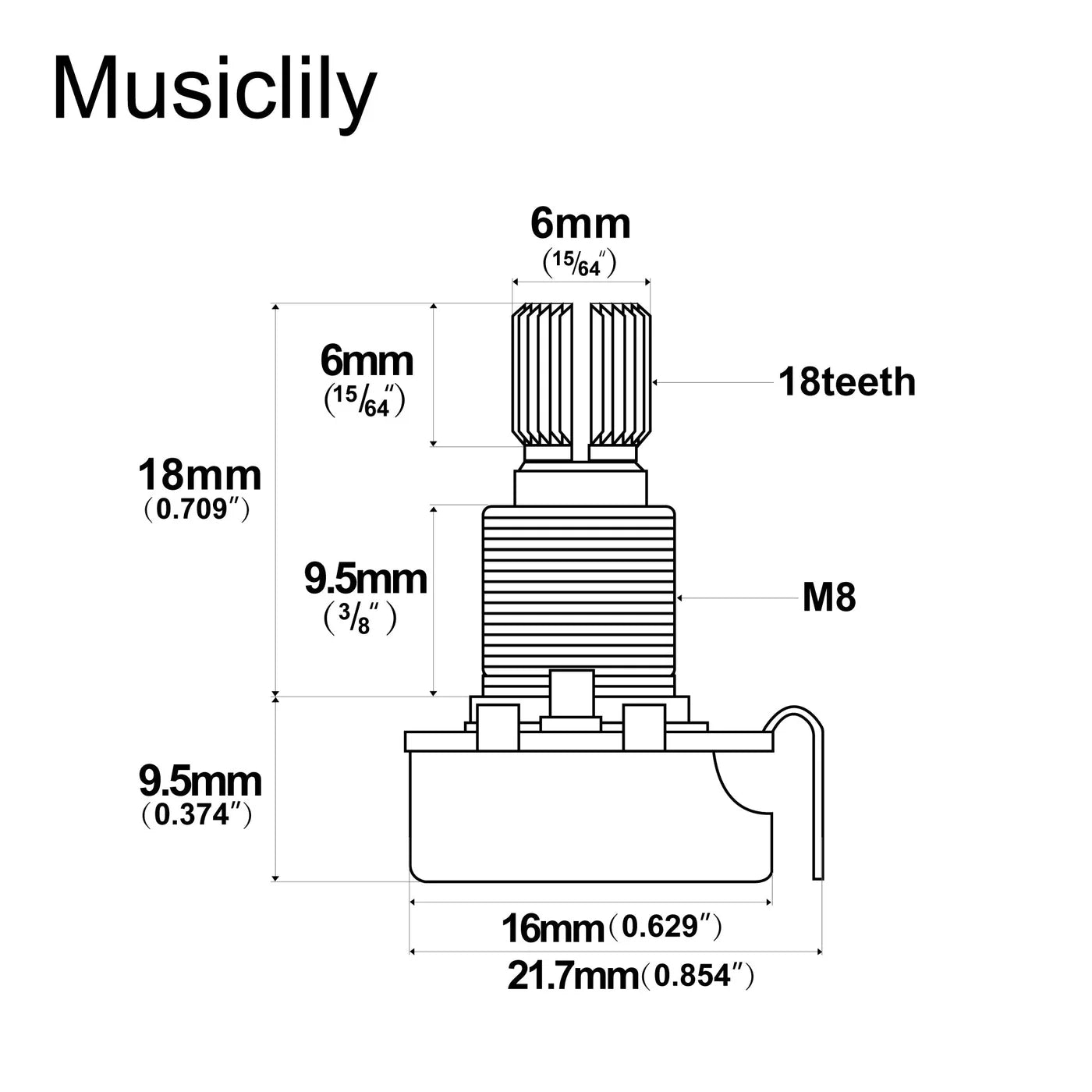Musiclily Pro Linear (Lin) Brass Medium Split Shaft Mini 500k Pot