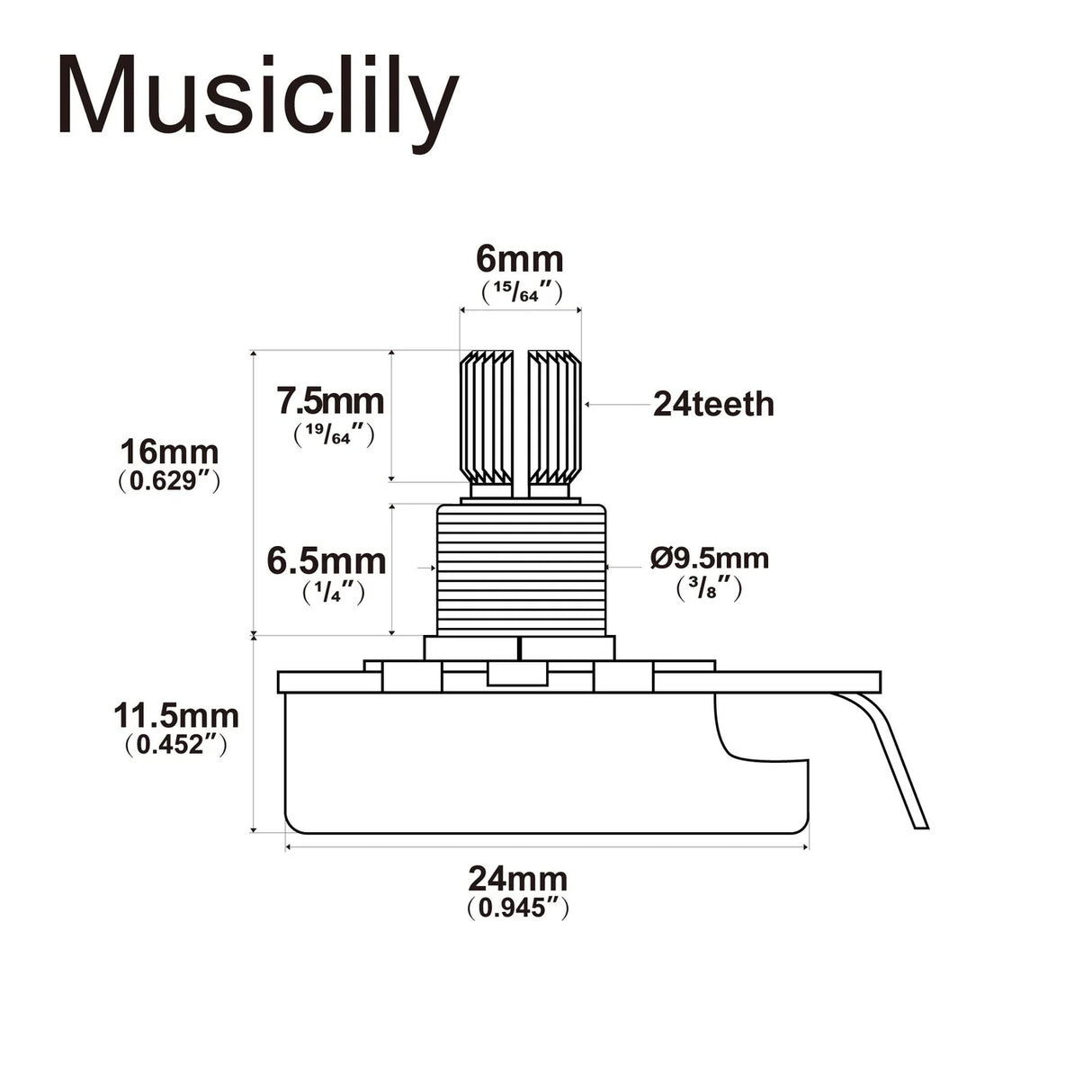 Musiclily Pro HD Audio (Log) Brass Imperial Short Split Shaft 250k Pot