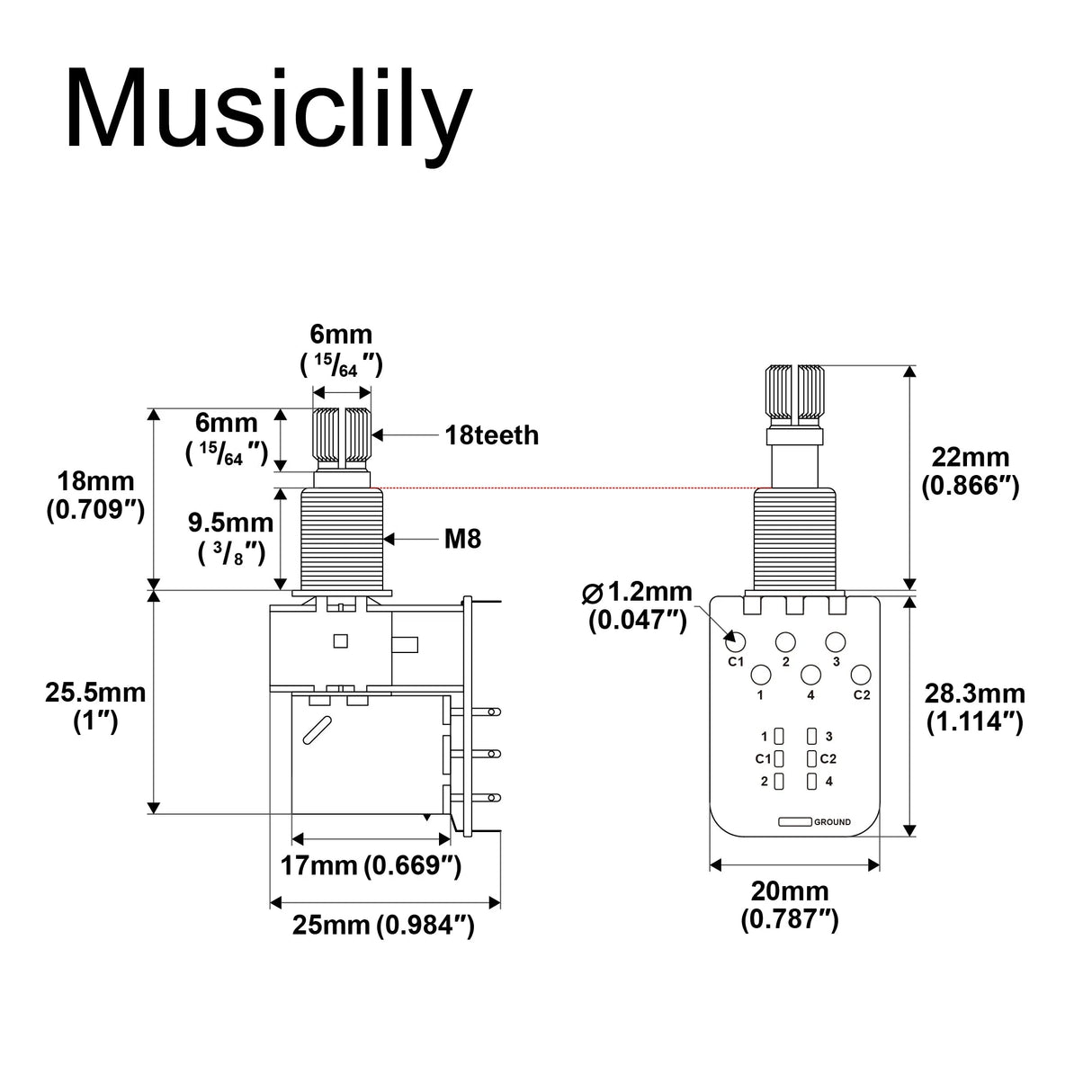 Musiclily Pro Push Pull Audio (Log) Medium Split Shaft 500K Pot
