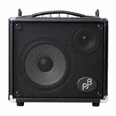 Black guitar amplifier with 'pB' logo on a white background