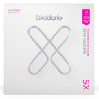 D'Addario XS electric bass nickel-plated steel strings package, featuring a white box with a large metallic silver 'X' logo and pink and gray text details.